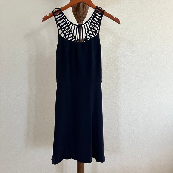 Parker Size XS Navy Blue Sleeveless Cage V-Neck Silk Fit & Flare Mini Dress - Picture 1 of 10